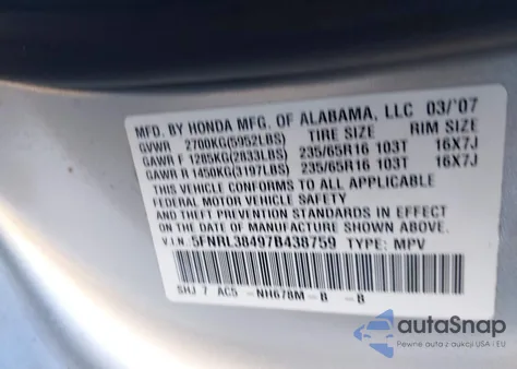 2007 Honda Odyssey Ex из США, поврежденный, VIN 5FNRL38497B438759